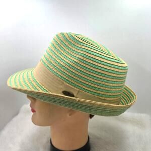 Papillon striped straw fedora hat beige/mint green woven pattern tan band.